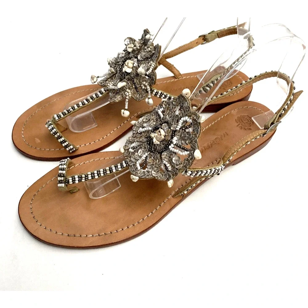 Maliparmi Sandal T-Strap Flat Leather Embellished Thong Sequin Rock Bead…